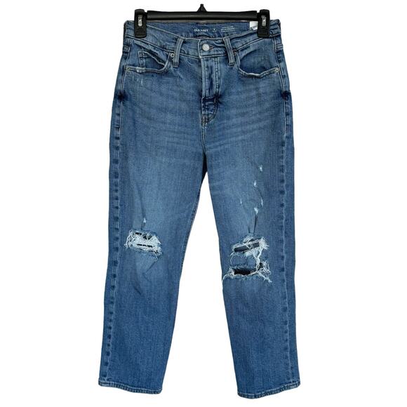 Old Navy Petite SZ 4P Sky-Hi Straight Jeans Button-Fly Starr Wash Distressed - Picture 1 of 9